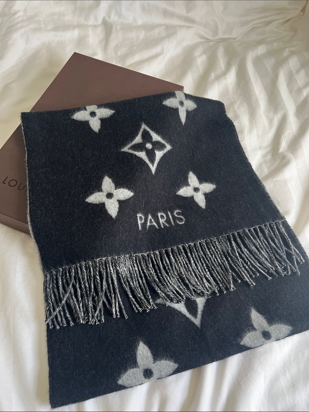 Louis Vuitton Black and Gray Monogram Fringe Scarf